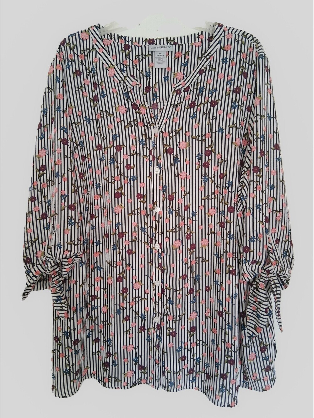Catherines Women's Striped Floral Blouse Tie Sleeve Button Front Top